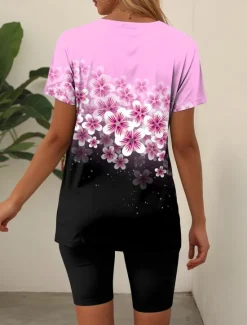 Sale Women's 2 Pieces Fashion T Shirt Shorts Sets Short Sleeve V Neck Floral Graphic Print Casual Daily Pink Blue Green Summer Regular Fit Women Two Piece Sets