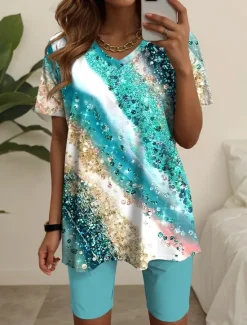 Women's 2 Pieces Fashion T Shirt Shorts Sets Short Sleeve V Neck Graphic Geometric Print Daily Casual Daily Blue Green Summer Regular Fit Women Two Piece Sets
