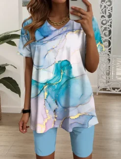 Women's 2 Pieces Fashion T Shirt Shorts Sets Short Sleeve V Neck Graphic Geometric Print Daily Casual Daily Blue Green Summer Regular Fit Women Two Piece Sets