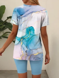 Women's 2 Pieces Fashion T Shirt Shorts Sets Short Sleeve V Neck Graphic Geometric Print Daily Casual Daily Blue Green Summer Regular Fit Women Two Piece Sets