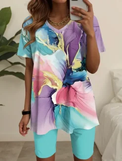 Women's 2 Pieces Fashion T Shirt Shorts Sets Short Sleeve V Neck Graphic Geometric Print Daily Casual Daily Blue Green Summer Regular Fit Women Two Piece Sets