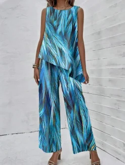 Sale Women's 2 Pieces Fashion Tank Top Pants Sets Wide Leg Pants Trousers Sleeveless Round Neck Graphic Print Casual Daily Blue Purple Green Summer Regular Fit Women Two Piece Sets