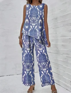 Sale Women's 2 Pieces Fashion Tank Top Pants Sets Wide Leg Pants Trousers Sleeveless Round Neck Graphic Print Casual Daily Blue Purple Green Summer Regular Fit Women Two Piece Sets