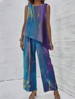 Sale Women's 2 Pieces Fashion Tank Top Pants Sets Wide Leg Pants Trousers Sleeveless Round Neck Graphic Print Casual Daily Blue Purple Green Summer Regular Fit Women Two Piece Sets
