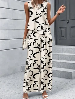 Women's 2 Pieces Fashion Tank Top Pants Sets Wide Leg Pants Trousers Sleeveless Round Neck Graphic Print Casual Daily Summer Regular Fit Women Two Piece Sets