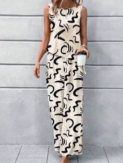 Women's 2 Pieces Fashion Tank Top Pants Sets Wide Leg Pants Trousers Sleeveless Round Neck Graphic Print Casual Daily Summer Regular Fit Women Two Piece Sets