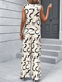 Women's 2 Pieces Fashion Tank Top Pants Sets Wide Leg Pants Trousers Sleeveless Round Neck Graphic Print Casual Daily Summer Regular Fit Women Two Piece Sets