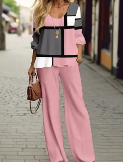 Discount Women's 2 Pieces Sports Daily T Shirt Pants Sets Wide Leg Pants Trousers Long Sleeve V Neck Color Block Print Outdoor Casual Pink Blue Green Spring & Fall Regular Fit Women Two Piece Sets