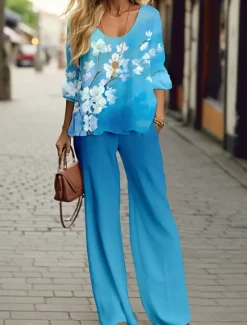 Best Women's 2 Pieces Sports Daily T Shirt Pants Sets Pants Trousers Long Sleeve V Neck Floral Print Outdoor Casual Pink Blue Orange Spring & Fall Regular Fit Women Two Piece Sets