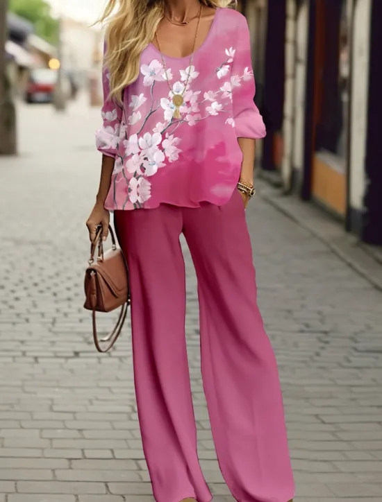 Best Women's 2 Pieces Sports Daily T Shirt Pants Sets Pants Trousers Long Sleeve V Neck Floral Print Outdoor Casual Pink Blue Orange Spring & Fall Regular Fit Women Two Piece Sets