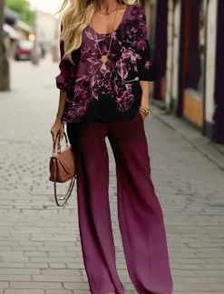 Discount Women's 2 Pieces Sports Daily T Shirt Pants Sets Pants Trousers Long Sleeve V Neck Floral Print Outdoor Casual Spring & Fall Regular Fit Women Two Piece Sets