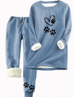 Online Women's 2 Pieces Sweatshirt Tracksuits Warm Daily Tracksuit Pants Sets Joggers Pants Trousers Long Sleeve Round Neck Cat Letter Drawstring Print Casual Daily Pink Light Grey Gray Women Hoodies & Sweatshirts|Two Piece Sets