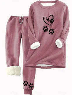 Online Women's 2 Pieces Sweatshirt Tracksuits Warm Daily Tracksuit Pants Sets Joggers Pants Trousers Long Sleeve Round Neck Cat Letter Drawstring Print Casual Daily Pink Light Grey Gray Women Hoodies & Sweatshirts|Two Piece Sets