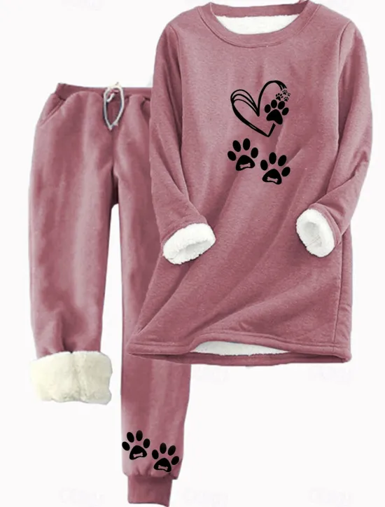 Online Women's 2 Pieces Sweatshirt Tracksuits Warm Daily Tracksuit Pants Sets Joggers Pants Trousers Long Sleeve Round Neck Cat Letter Drawstring Print Casual Daily Pink Light Grey Gray Women Hoodies & Sweatshirts|Two Piece Sets