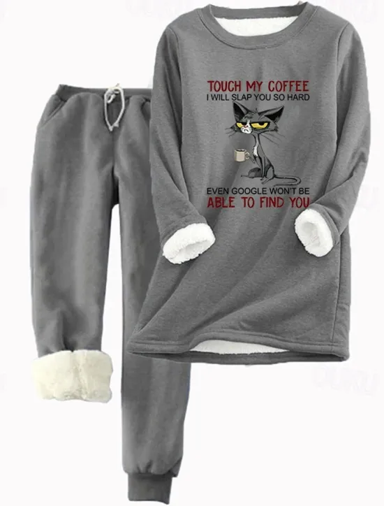 Online Women's 2 Pieces Sweatshirt Tracksuits Warm Daily Tracksuit Pants Sets Joggers Pants Trousers Long Sleeve Round Neck Cat Letter Drawstring Print Casual Daily Pink Light Grey Gray Women Hoodies & Sweatshirts|Two Piece Sets