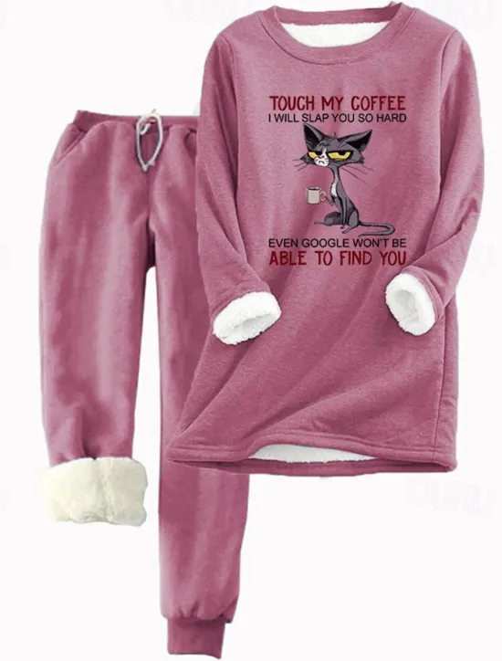 Online Women's 2 Pieces Sweatshirt Tracksuits Warm Daily Tracksuit Pants Sets Joggers Pants Trousers Long Sleeve Round Neck Cat Letter Drawstring Print Casual Daily Pink Light Grey Gray Women Hoodies & Sweatshirts|Two Piece Sets