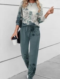 Online Women's 2 Pieces Sweatshirt Tracksuits Active Daily Tracksuit Pants Sets Joggers Pants Trousers Long Sleeve Round Neck Floral Drawstring Print Outdoor Casual Black Pink Blue Women Two Piece Sets