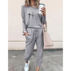Outlet Women's 2 Pieces Sweatshirt Tracksuits Streetwear Basic T Shirt Tracksuit Pants Sets Short Sleeve Crew Neck Heart Drawstring Print Vacation Casual Daily Black Pink Gray Fall & Winter Regular Fit Women Two Piece Sets