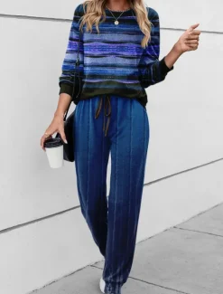 Outlet Women's 2 Pieces Sweatshirt Tracksuits Sports Daily Tracksuit Pants Sets Joggers Pants Trousers Long Sleeve Round Neck Striped Drawstring Print Outdoor Casual Red Blue Green Women Two Piece Sets