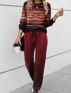 Outlet Women's 2 Pieces Sweatshirt Tracksuits Sports Daily Tracksuit Pants Sets Joggers Pants Trousers Long Sleeve Round Neck Striped Drawstring Print Outdoor Casual Red Blue Green Women Two Piece Sets