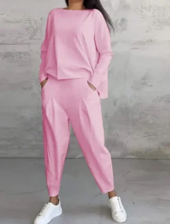 Clearance Women's 2 Pieces Sweatshirt Tracksuits Long Sleeve Crew Neck Fashion Streetwear Daily Plain Casual Daily Black White Pink Summer Regular Fit Women Two Piece Sets