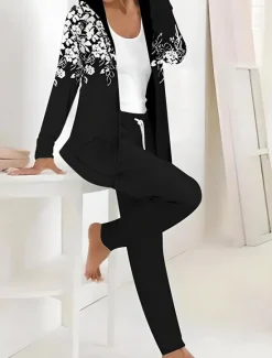 Online Women's 2 Pieces Tracksuits Pants Sets Long Sleeve Active Daily Hoodie Hooded Floral Graphic Drawstring Print Outdoor Casual Black Dark Navy Light Brown Fall & Winter Regular Fit Women Two Piece Sets