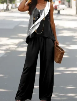 Hot Women's 2 Pieces Vacation Daily Pants Sets Sleeveless U Neck Ombre Graphic Casual Daily Summer Loose Fit Women Two Piece Sets