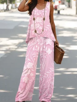 New Women's 2 Pieces Vacation Daily Pants Sets Sleeveless Round Neck U Neck Floral Graphic Casual Daily Pink Blue Beige Summer Loose Fit Women Two Piece Sets
