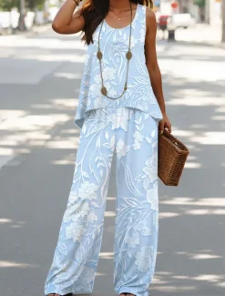New Women's 2 Pieces Vacation Daily Pants Sets Sleeveless Round Neck U Neck Floral Graphic Casual Daily Pink Blue Beige Summer Loose Fit Women Two Piece Sets