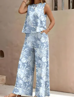 Online Women's 2 Pieces Vacation Daily Pants Sets Sleeveless Round Neck Floral Graphic Geometric Casual Daily Yellow Blue Green Summer Loose Fit Women Two Piece Sets