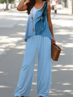 Discount Women's 2 Pieces Vacation Daily Pants Sets Sleeveless U Neck Ombre Graphic Casual Daily Pink Blue Green Summer Loose Fit Women Two Piece Sets