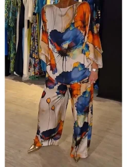 Best Women's 2 Pieces Vacation Streetwear Daily Pants Sets 3/4 Length Sleeve Crew Neck Floral Print Casual Daily Black Blue Orange Summer Regular Fit Women Two Piece Sets