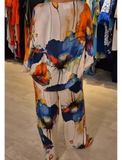 Best Women's 2 Pieces Vacation Streetwear Daily Pants Sets 3/4 Length Sleeve Crew Neck Floral Print Casual Daily Black Blue Orange Summer Regular Fit Women Two Piece Sets