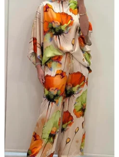 Best Women's 2 Pieces Vacation Streetwear Daily Pants Sets 3/4 Length Sleeve Crew Neck Floral Print Casual Daily Black Blue Orange Summer Regular Fit Women Two Piece Sets