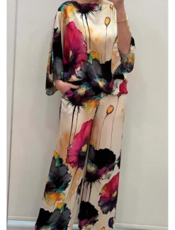 Best Women's 2 Pieces Vacation Streetwear Daily Pants Sets 3/4 Length Sleeve Crew Neck Floral Print Casual Daily Black Blue Orange Summer Regular Fit Women Two Piece Sets