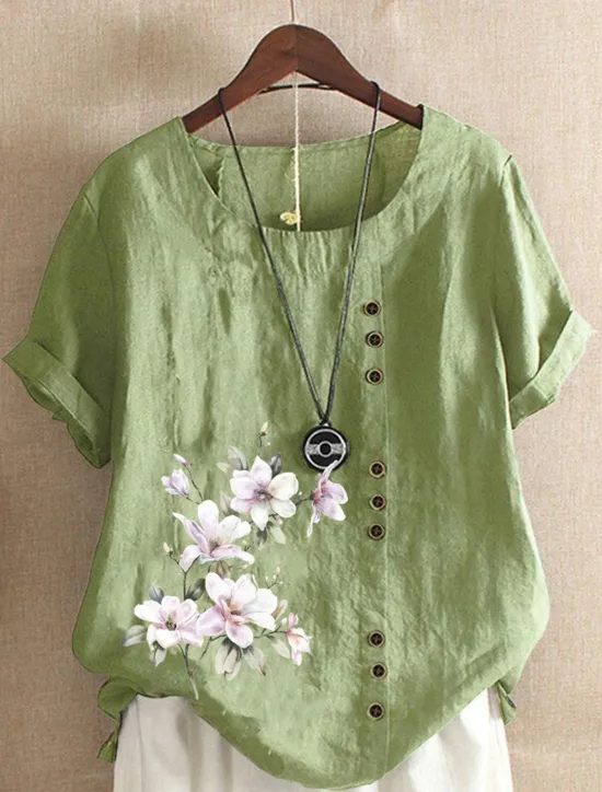 Outlet Women's 100% Shirt Blouse Floral Linen Vintage Basic Holiday Short Sleeve Crew Neck Regular Tops Daily Buttons Print White Yellow Pink Lavender Green Summer Spring Women Shirts