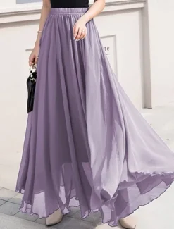 Discount Women's Skirt Swing Work Skirts Long Skirt Maxi Skirts Chiffon Solid Colored Office / Career Daily Spring & Summer Chiffon Elegant Long S Women Skirts