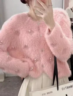 Clearance Women's Sweater Cardigan Fuzzy V Neck Ribbed Knit Beaded Fall Winter Daily Weekend Casual Soft Long Sleeve Pure Color Pink Apricot Women Cardigans & Outerwears
