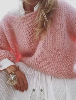 Best Women's Sweater Pullover Fuzzy Jumper Crew Neck Ribbed Knit Knitted Fall Winter Outdoor Daily Weekend Casual Soft Long Sleeve Pure Color Pink Khaki Women Pullovers & Tops