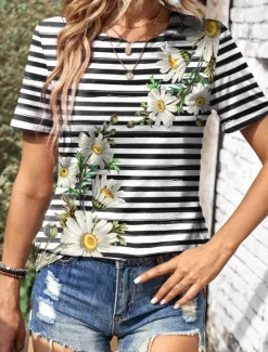 Clearance Women's T-Shirt Daisy Floral Stripe Print Round Neck Short Sleeve Casual Summer Top Regular Fit Fashion Tee White Yellow Women Spring Tops