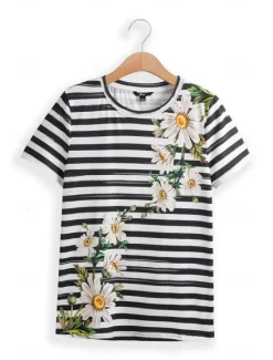 Clearance Women's T-Shirt Daisy Floral Stripe Print Round Neck Short Sleeve Casual Summer Top Regular Fit Fashion Tee White Yellow Women Spring Tops