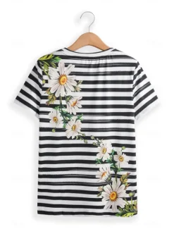 Clearance Women's T-Shirt Daisy Floral Stripe Print Round Neck Short Sleeve Casual Summer Top Regular Fit Fashion Tee White Yellow Women Spring Tops