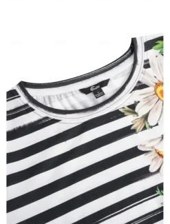 Clearance Women's T-Shirt Daisy Floral Stripe Print Round Neck Short Sleeve Casual Summer Top Regular Fit Fashion Tee White Yellow Women Spring Tops
