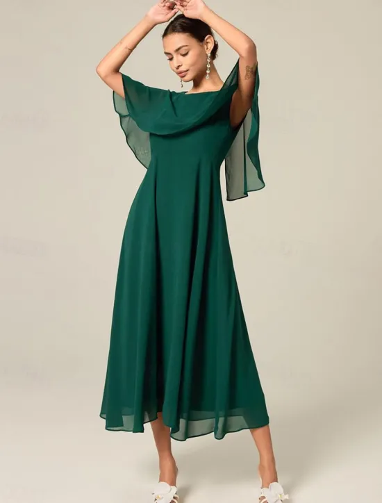 New Women's Wedding Guest Cocktail Dress Chiffon Ruffle Elegant Formal Midi A Line Dress Crew Neck Short Sleeve Flared Sleeve Color Women Cocktail Dress|Chiffon Dresses