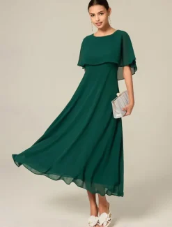 New Women's Wedding Guest Cocktail Dress Chiffon Ruffle Elegant Formal Midi A Line Dress Crew Neck Short Sleeve Flared Sleeve Color Women Cocktail Dress|Chiffon Dresses