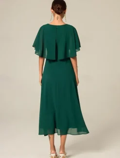 New Women's Wedding Guest Cocktail Dress Chiffon Ruffle Elegant Formal Midi A Line Dress Crew Neck Short Sleeve Flared Sleeve Color Women Cocktail Dress|Chiffon Dresses