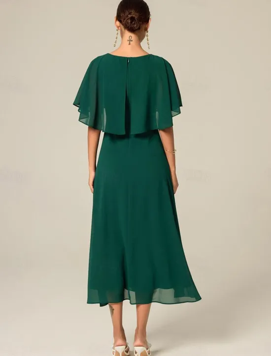 New Women's Wedding Guest Cocktail Dress Chiffon Ruffle Elegant Formal Midi A Line Dress Crew Neck Short Sleeve Flared Sleeve Color Women Cocktail Dress|Chiffon Dresses