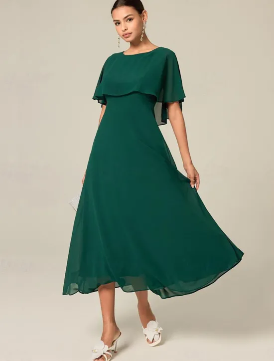 New Women's Wedding Guest Cocktail Dress Chiffon Ruffle Elegant Formal Midi A Line Dress Crew Neck Short Sleeve Flared Sleeve Color Women Cocktail Dress|Chiffon Dresses