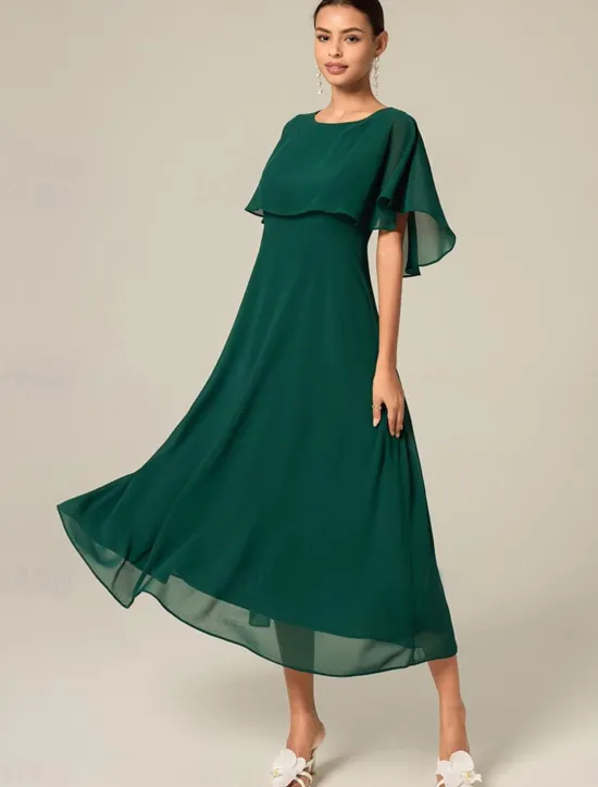 New Women's Wedding Guest Cocktail Dress Chiffon Ruffle Elegant Formal Midi A Line Dress Crew Neck Short Sleeve Flared Sleeve Color Women Cocktail Dress|Chiffon Dresses