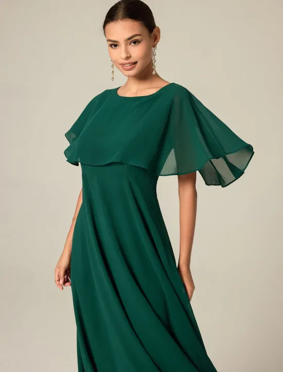 New Women's Wedding Guest Cocktail Dress Chiffon Ruffle Elegant Formal Midi A Line Dress Crew Neck Short Sleeve Flared Sleeve Color Women Cocktail Dress|Chiffon Dresses